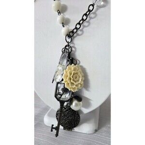 Plunder Necklace 35" Dangling Charms Beaded Flower Key  Locket Faux Pearls EUC